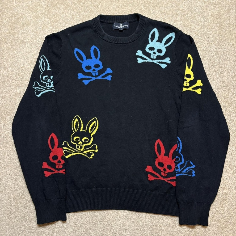 Psycho Bunny Sweater Mens Medium Black Multicolor Skull AOP Graphic Crewneck
